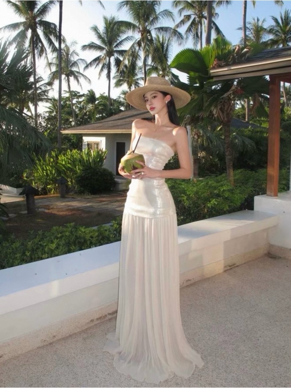 Elegant White Strapless Sequin & Chiffon Evening Dress